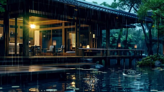 Japanese-style coffee shop with a lotus pond at night when it rains. animated video background. Looping video