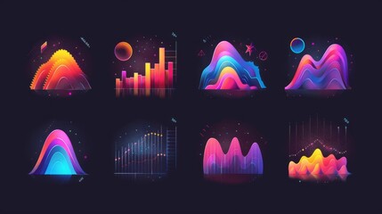 Growing bar graph icons. Business graphs and charts icons. Data and statistics modern icon. Statistics and data, charts diagrams, money, down or up arrow. Modern illustration.