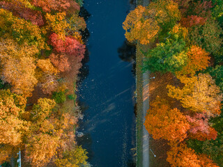Aerial view to multicolored autumn forest by river in Bydgoszcz.