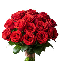 Vibrant Bouquet of Red Roses With Green Leaves on a Transparent Background