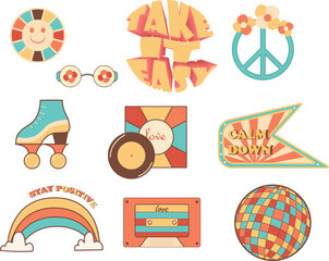 set of stickers in retro style, 90s, 2000s, y2k, 00s, Isolated vector illustration