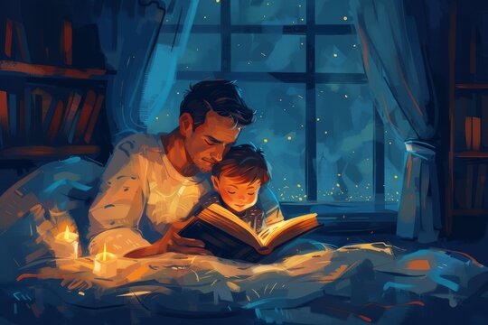 Father and child at bedtime. Father bedtime illustration. Father reads book for children. Father read in bed illustration. Father with bedtime book illustration. Father reading a bedtime book