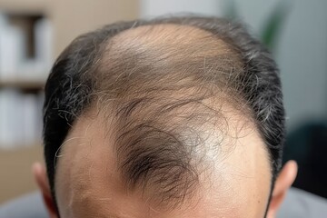 Bald businessman with his head on scalp view from behind with white background
