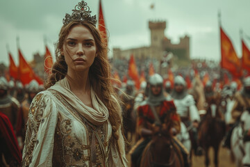 Fototapeta premium Medieval festival reenactment featuring knights and fair maidens in a castle setting. AI generated.