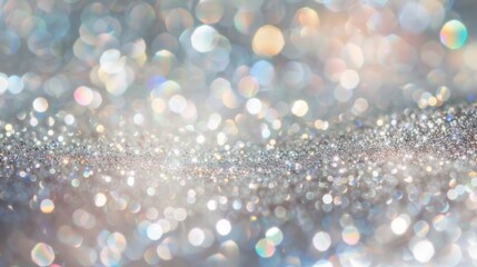 Shiny silver glitter bokeh background. Creative sparkling star dust texture for luxury rich greeting card. Jewel abstract Christmas  aesthetic.