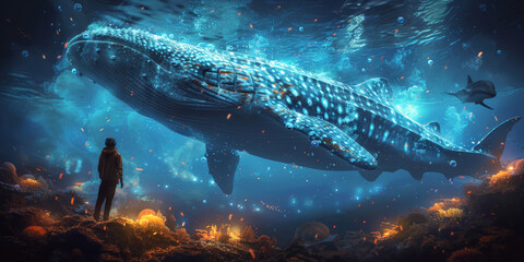 Man standing underwater, mesmerized by a giant whale surrounded by other marine life. World Ocean Day.