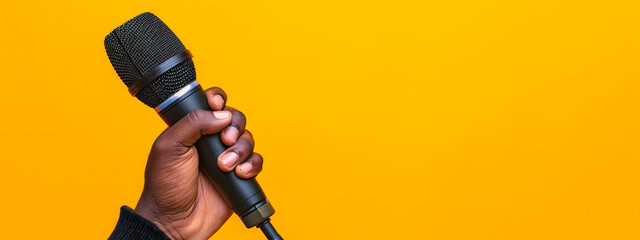 a arm holding a microphone for an interview, realism, concept of journalism and freedom of speech, creativity and self-expression, microphone in the outstretched hand, free space for text