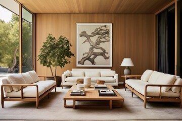 Fototapeta premium Slow Living Chic Living Space with Abstract Tree Art Piece and Real Wood Furniture