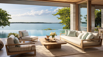 Fototapeta premium Waterfront Living Room with Infinity Pool Overlooking Ocean Bay