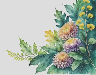 Border of Chrysanthemum and Leaves on White Background Illustration AI