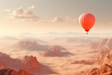 Obraz premium Calm adventure, hot air balloon over misty mountain peaks at sunrise, rugged landscape, rocky mountain landscape