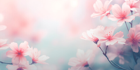 Blur of delicate flowers in pastel colors for background, copy space		