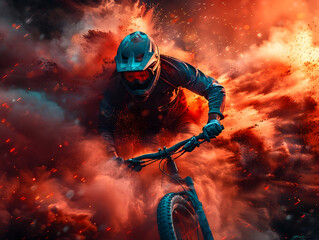 Fototapeta premium A cyclist soaring through a colored cloud of powder in the world of sports. AI generated. 