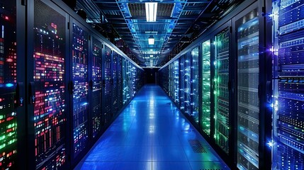 Fototapeta premium Data center rack server on server room, server room security, data center server, web host warehouse data server cabinets network storage database.