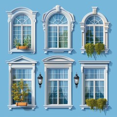 Set vector illustration of windows with white frames. Collection of various plastic windows. Internal and external elements