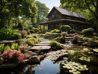 A Tranquil Summer Day at a Traditional House with a Pond Garden