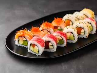 Assorted Sushi Set Served on a Black Plate, Ready to Eat