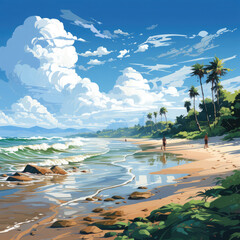 Naklejka premium Watercolor summer beach landscape vector, clipart Illustration, Generative Ai