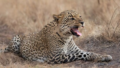 A Leopard With Its Tongue Lolling Out Tired From