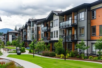 a row of multi - story apartment buildings with a green lawn in front of them and a cloudy sky