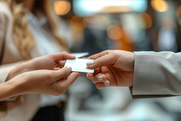 Corporate professionals exchanging business cards at a formal networking event. AI generated.