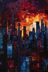 Apocalypse  Create a dystopian cityscape in a cubist style, with fragmented buildings under a dark sky - obrazy, fototapety, plakaty