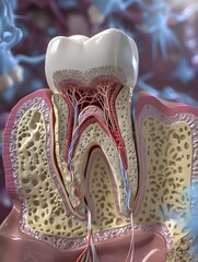An intricate 3D simulation highlighting dental anomalies such as taurodontism, with detailed tooth root elongation and pulp chamber enlargement