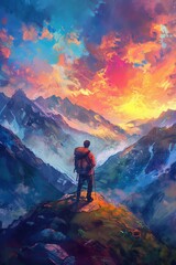 A lone hiker stands on a mountaintop, looking out at a vast landscape of mountains and clouds