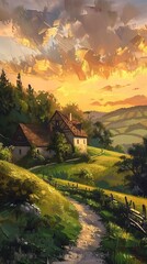 A beautiful landscape painting of a house in the countryside