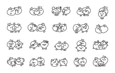 Cheerful peach couple. Coloring Page. Funny cartoon characters. Hand drawn style. Vector drawing. Collection of design elements.