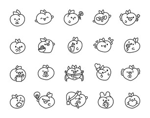 Cute kawaii peach with a smile. Coloring Page. Cartoon character. Hand drawn style. Vector drawing. Collection of design elements.