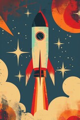 Retro rocket ship launching into space. The rocket is red and white with a blue porthole. The background is a starry night sky with a red planet in the distance.