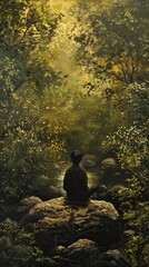 Obraz premium A lone figure sits on a rock in the middle of a forest