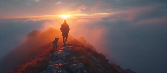 A man in sportswear accompanied by his dog, walking at the top of a mountain, misty sunrise, clouds, sun, landscape.