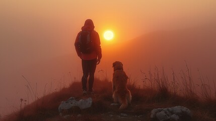 A man with his dog looking at the horizon on a mountain peak, misty dawn, trees, clouds, sun, rock.
