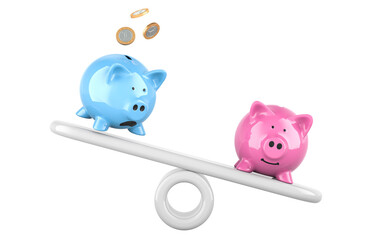 Blue and pink piggy banks on imbalance seesaw, Concept of social inequality, family budget. 3D rendering isolated on transparent background