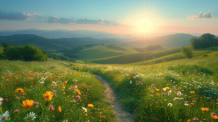 A panoramic landscape showcasing a lush green meadow bathed in the warm glow of the morning sun. Gentle rolling hills stretch towards the horizon, dotted with vibrant wildflowers.