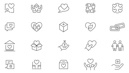 Charity and donation line icons set. Donate, charity, Giving, community, solidarity, trust, social care, NGO, helping hands, partnership, and help icon collection. Nonprofit organization icons.