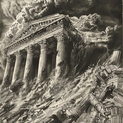 Economic collapse  Create a series of etchings showing the fall of financial institutions, using a detailed, classical technique