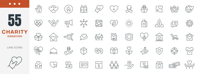 Charity and donation line icons set. Donate, charity, Giving, community, solidarity, trust, social care, NGO, helping hands, partnership, and help icon collection. Nonprofit organization icons.