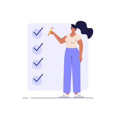 Woman choosing check mark. Concept of checklist, task done, success, right decision. Best choice hand gesture. Sign of request approved. Vector illustration in flat design for banner, UI