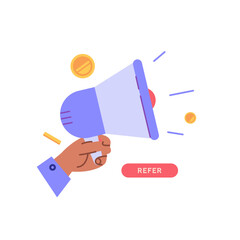 Concept of referral program, refer a friend service, sharing bonus with friends. Sign with holding hand in loyalty program earning gifts and money. Vector illustration in flat design for web banner