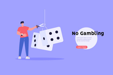 Concept of problem gambling, ludomania, behavioral addictions. Man addicted by betting suffering gambling addiction with playing dices. Vector illustration in flat design for web banner, UI