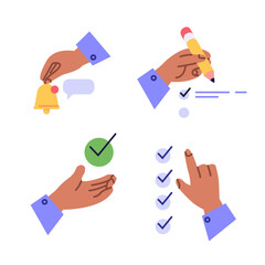 Signs with different hands holding check mark. Concept of checklist, task done, success, right decision. Best choice hand gesture. Sign of request approved. Vector illustration in flat design