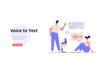 Concept of voice recognition, speech scanning, voice to text, speech recognition service. User recognizing voice and translating to text with speaker. Vector illustration in flat cartoon design