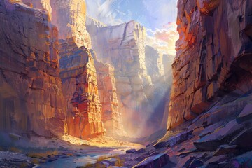 The sun shines brightly over a beautiful canyon landscape. The red and orange rocks are worn away by the wind and water, creating a stunning scene.