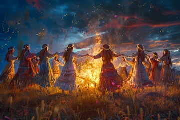 Great bonfire. Ivana kupala illustration. Night meadow celebration. Summer Solstice Day illustration. Saint Johns Day illustration. Ivana Kupala night meadow celebration