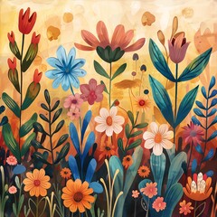 A vibrant watercolor painting of a garden in full bloom