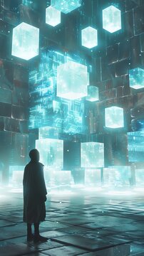 A lone figure stands in a vast, futuristic city
