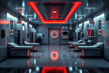 Futuristic medical bay with advanced life support pods, ideal for depicting sci-fi medical technology and patient care scenarios. World Blood Donor Day.